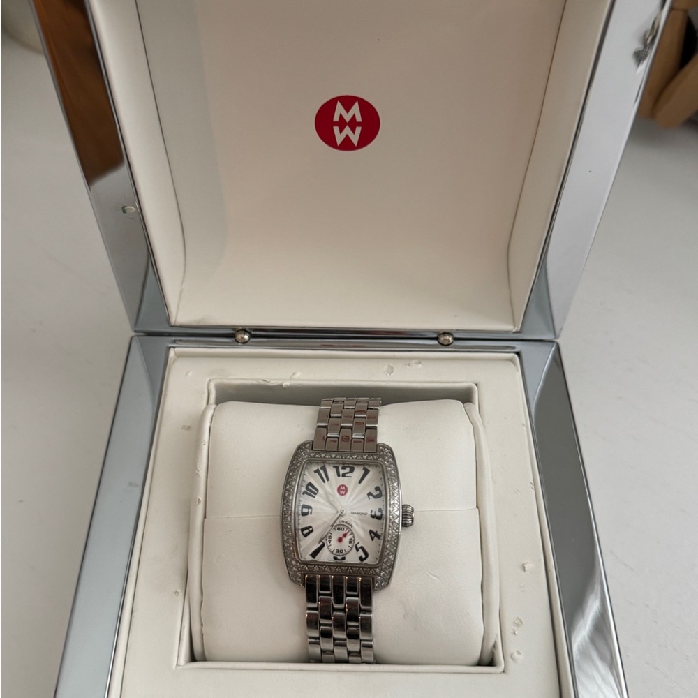 Michele stainless steel watch with stainless steel, brown & white leather bands